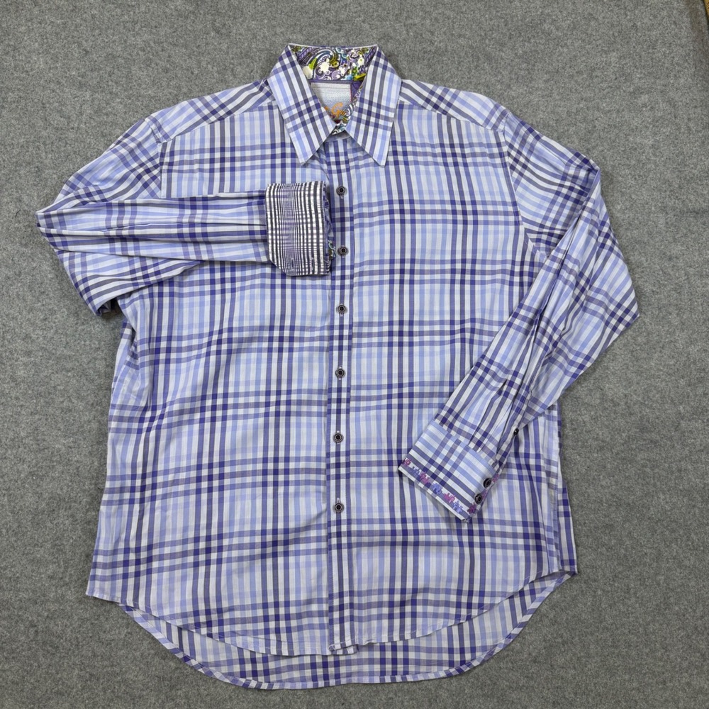 Robert Graham Mens Tailored Fit Purple Blue Plaid Button Down Shirt Large